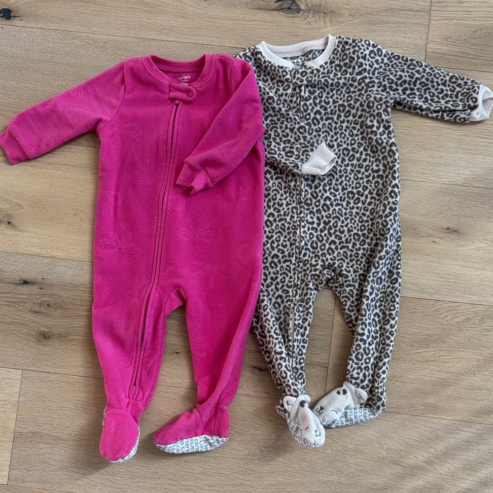 2 ADORABLE BABY GIRL Carter's Fleece Footed One-Piece Sets Hot Pink & Leopard